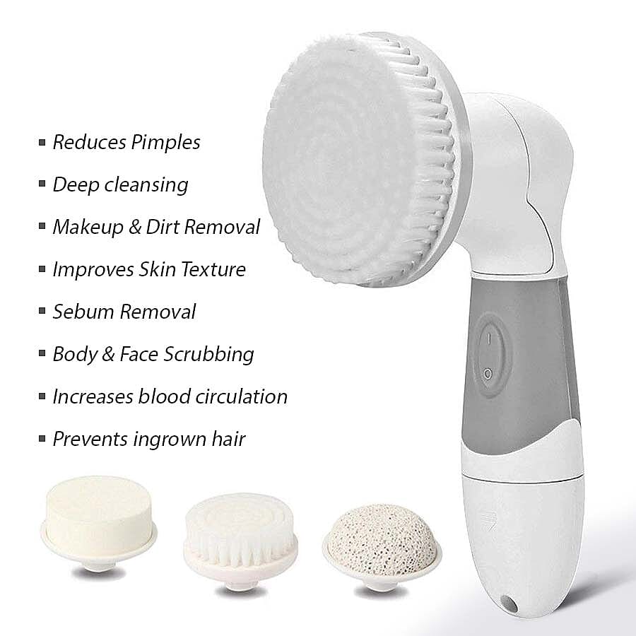 5 Piece Set - Hand-Held Cordless Cleansing Tool (Size 17x7.5 Cm) with 1 Body Scrub Brush, 1 Face Scrub Brush, 1 Face Sponge and 1 Pumice Stone- Grey