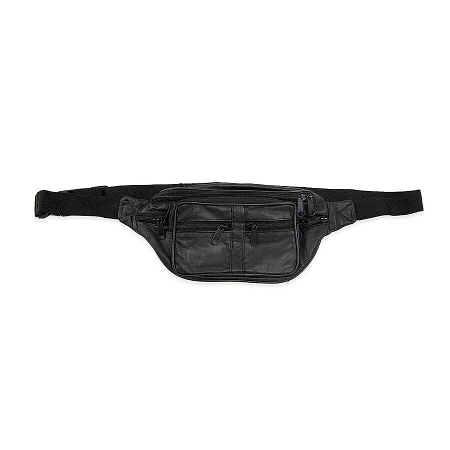 Thomas Calvi - Genuine Leather Unisex Multi-Compartment Waist Bag - Black
