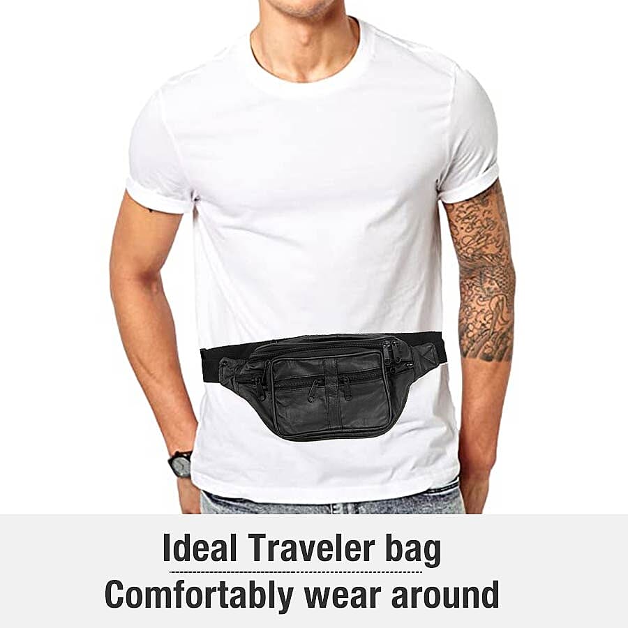 Thomas Calvi - Genuine Leather Unisex Multi-Compartment Waist Bag - Black
