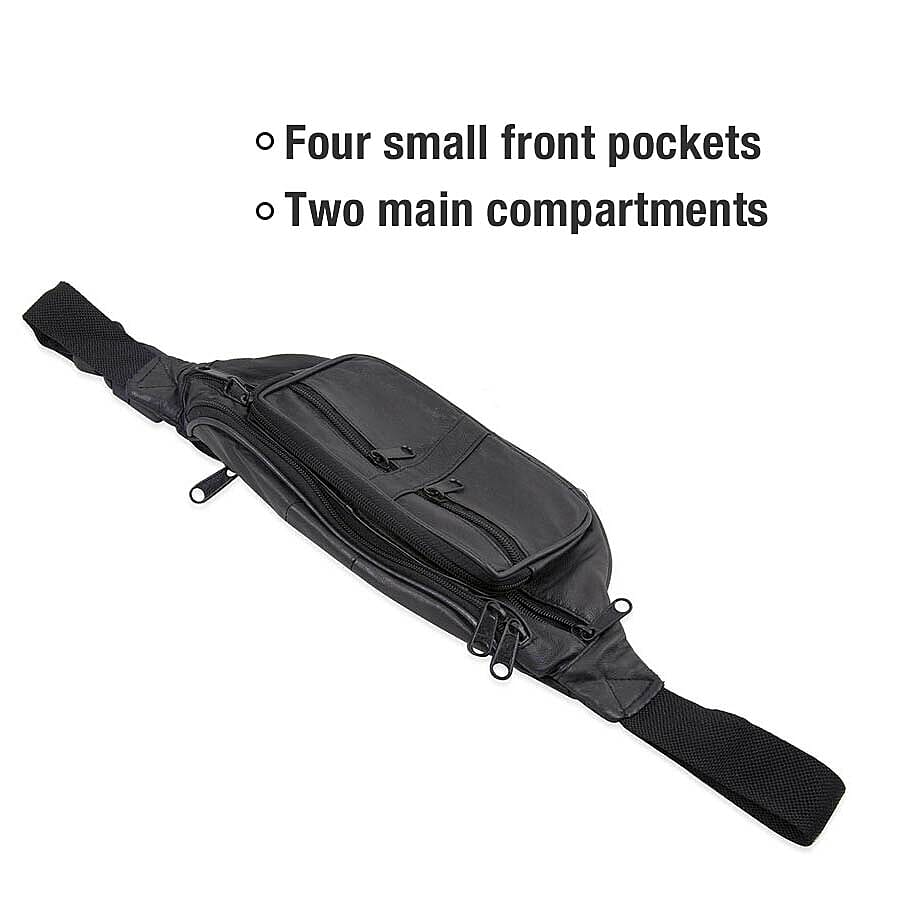 Thomas Calvi - Genuine Leather Unisex Multi-Compartment Waist Bag - Black