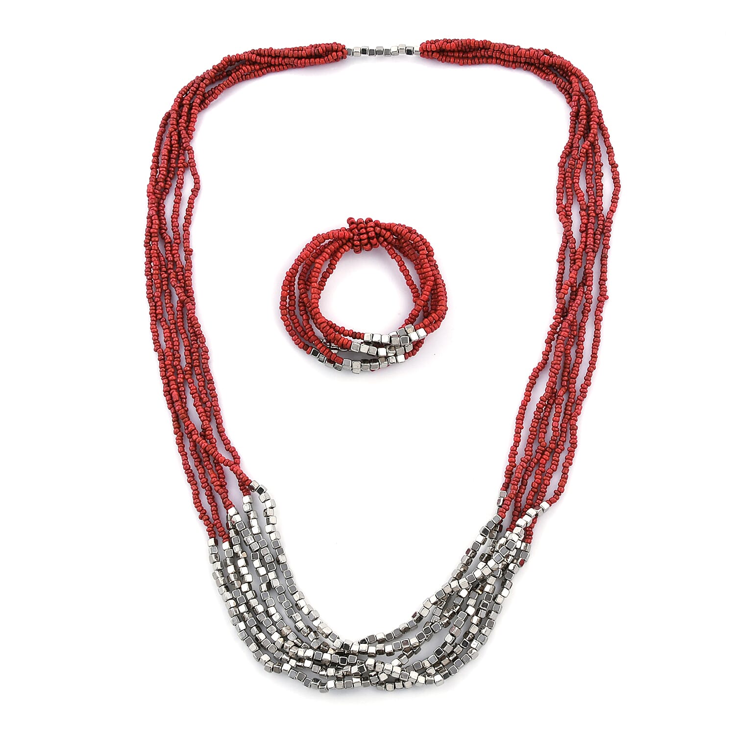 2 Piece Set - Coral and Silver Colour Beads Multi Strand Necklace (Size 15.5) and Stretchable Bracelet (Size 7)