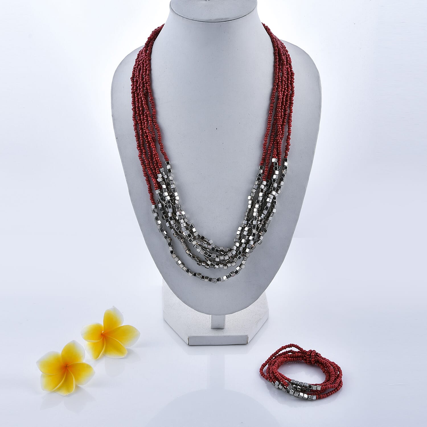 2 Piece Set - Coral and Silver Colour Beads Multi Strand Necklace (Size 15.5) and Stretchable Bracelet (Size 7)