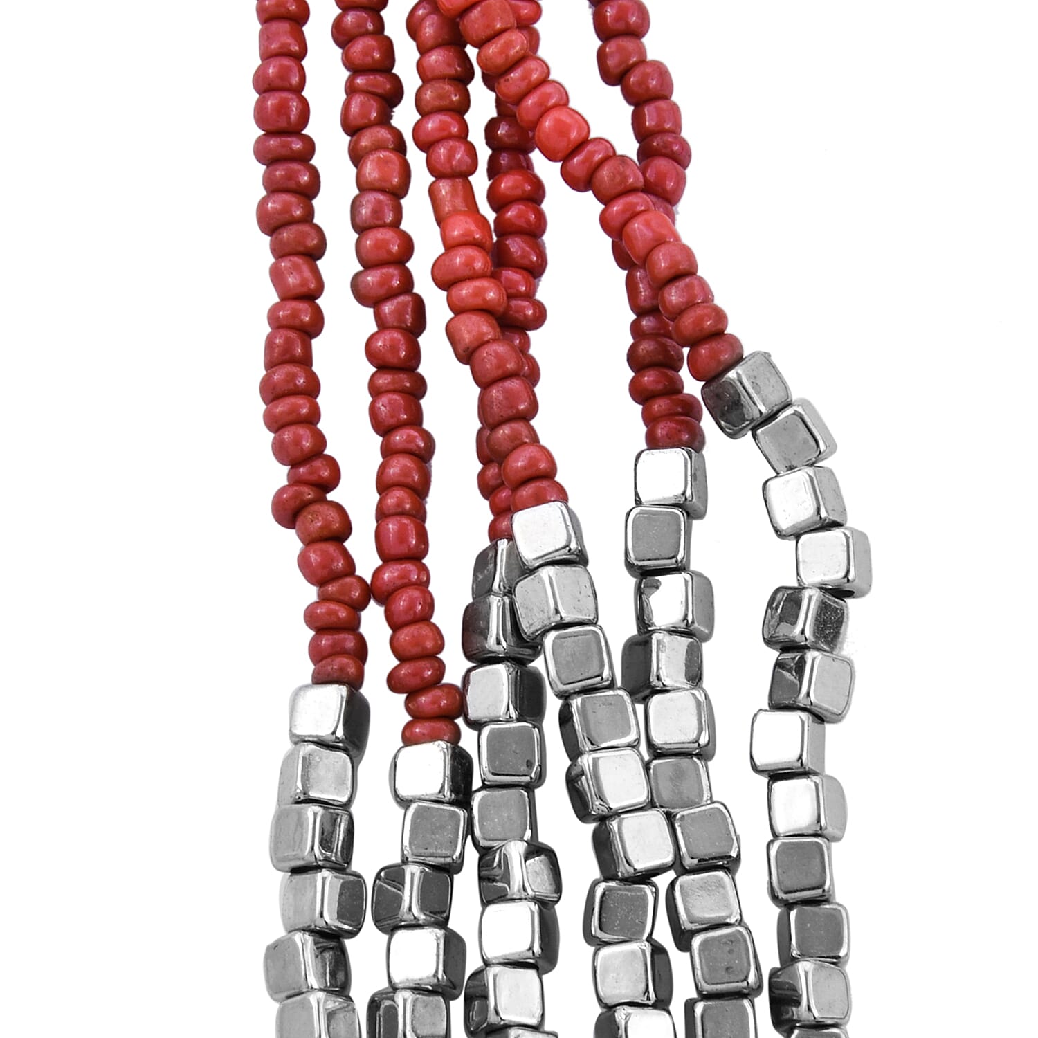 2 Piece Set - Coral and Silver Colour Beads Multi Strand Necklace (Size 15.5) and Stretchable Bracelet (Size 7)