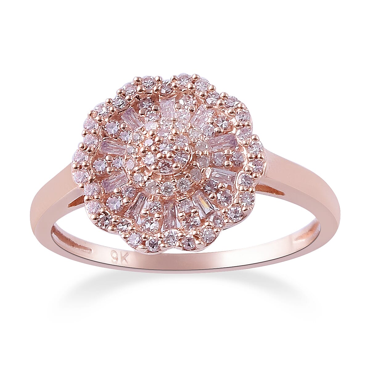 9K Rose Gold Natural Pink Diamond (Rnd and Bgt), Diamond Ring 0.50 Ct.