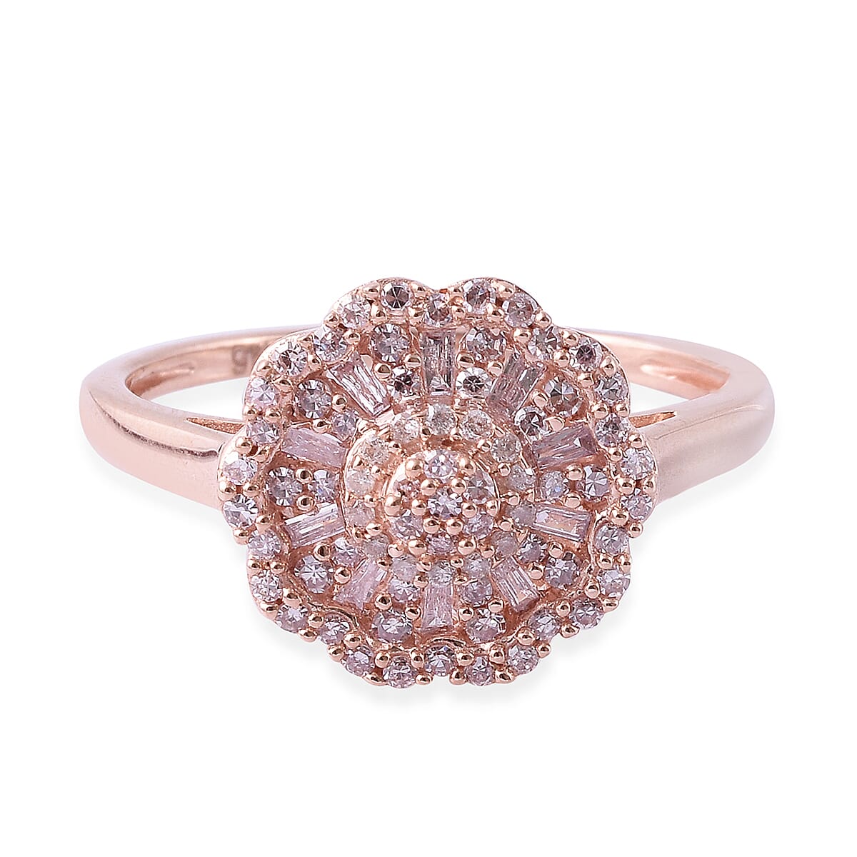 9K Rose Gold Natural Pink Diamond (Rnd and Bgt), Diamond Ring 0.50 Ct.