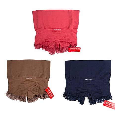 3 Piece Set- Sankom Functional Patent Body Shaper Briefs  with Lace (Size L-XL) (Size 16 to18)- Colour Dark Blue, Taupe Brown and Garnet Pink