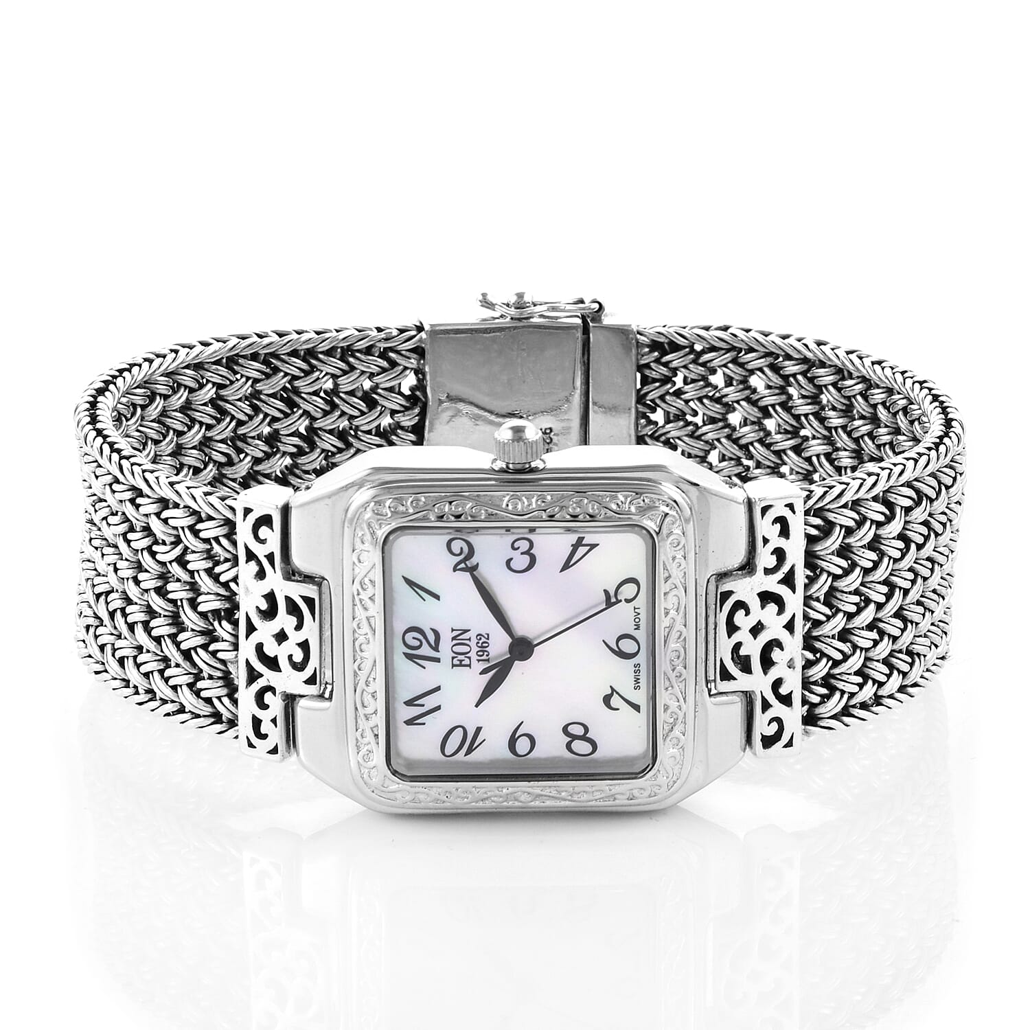 Royal Bali Collection EON 1962 Swiss Movement Sterling Silver Braided Bracelet Watch (Size 8.0), Silver wt 63.00 Gms