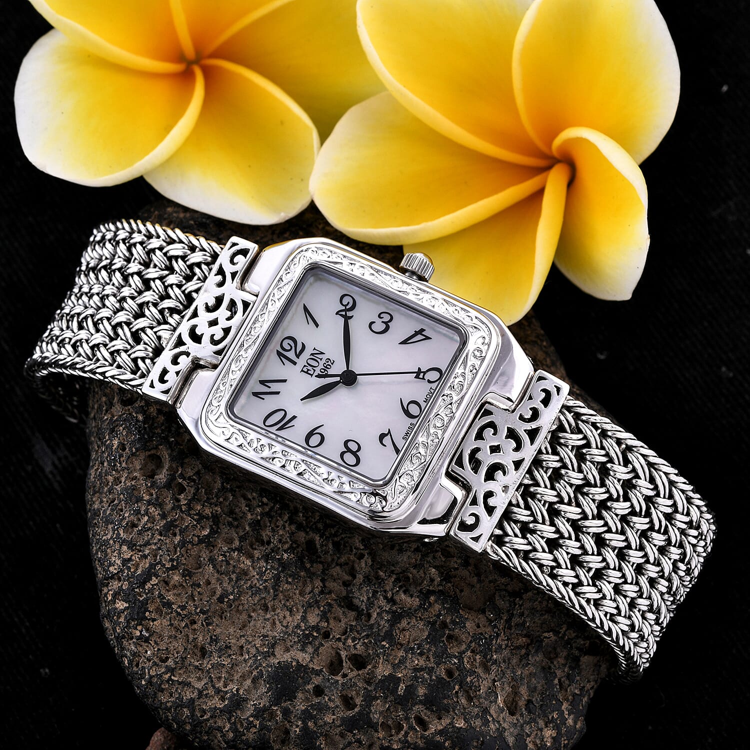 Royal Bali Collection EON 1962 Swiss Movement Sterling Silver Braided Bracelet Watch (Size 8.0), Silver wt 63.00 Gms
