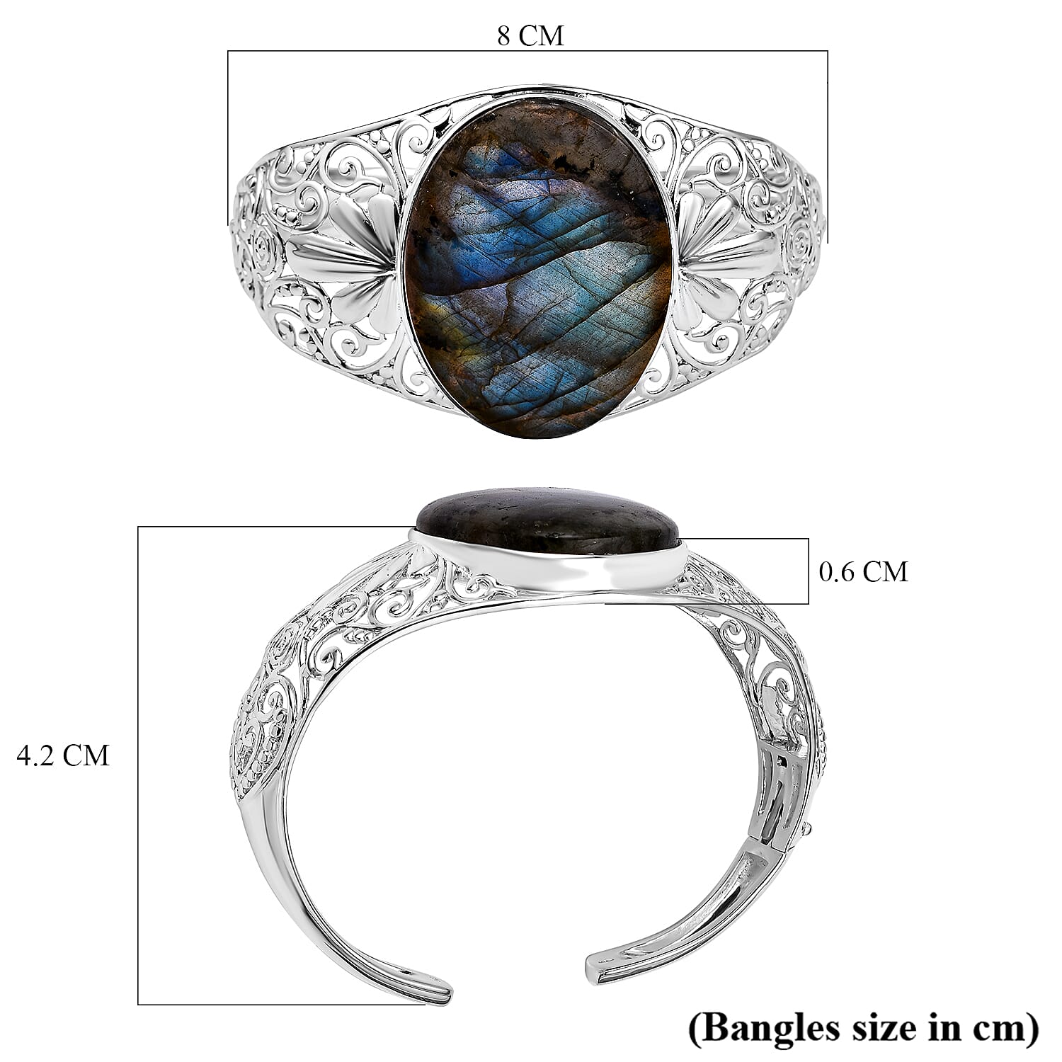 Vegas Buy - Rare Size Labradorite Bangle (Size 7.5) in Sterling Silver 76.790 Ct, Silver Wt. 32.00 Gms