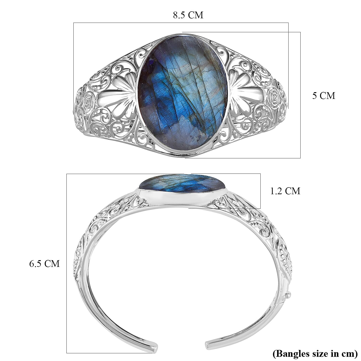 Vegas Buy - Rare Size Labradorite Bangle (Size 7.5) in Sterling Silver 76.790 Ct, Silver Wt. 32.00 Gms