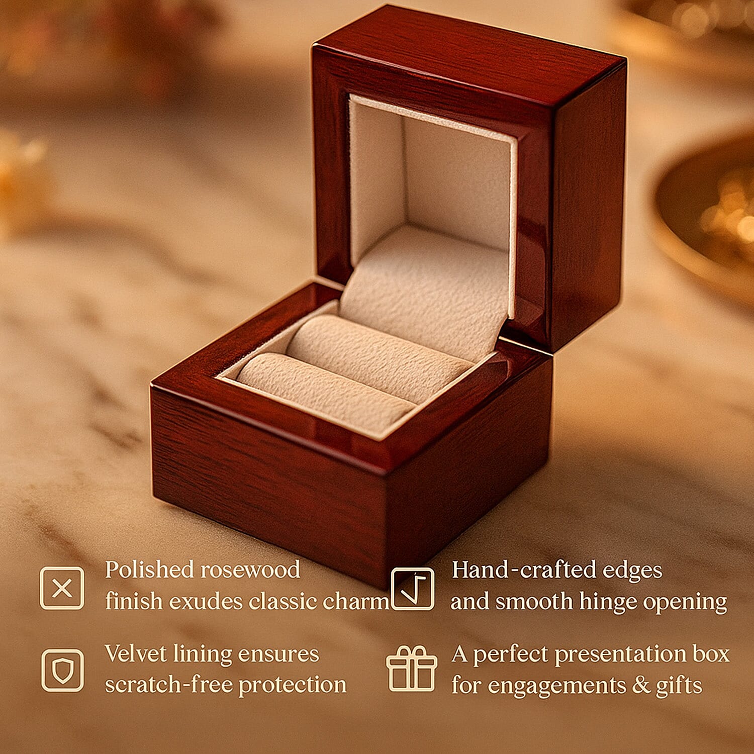 Velvet Lining Wooden Ring Box - (Size 6x6x5 cm)
