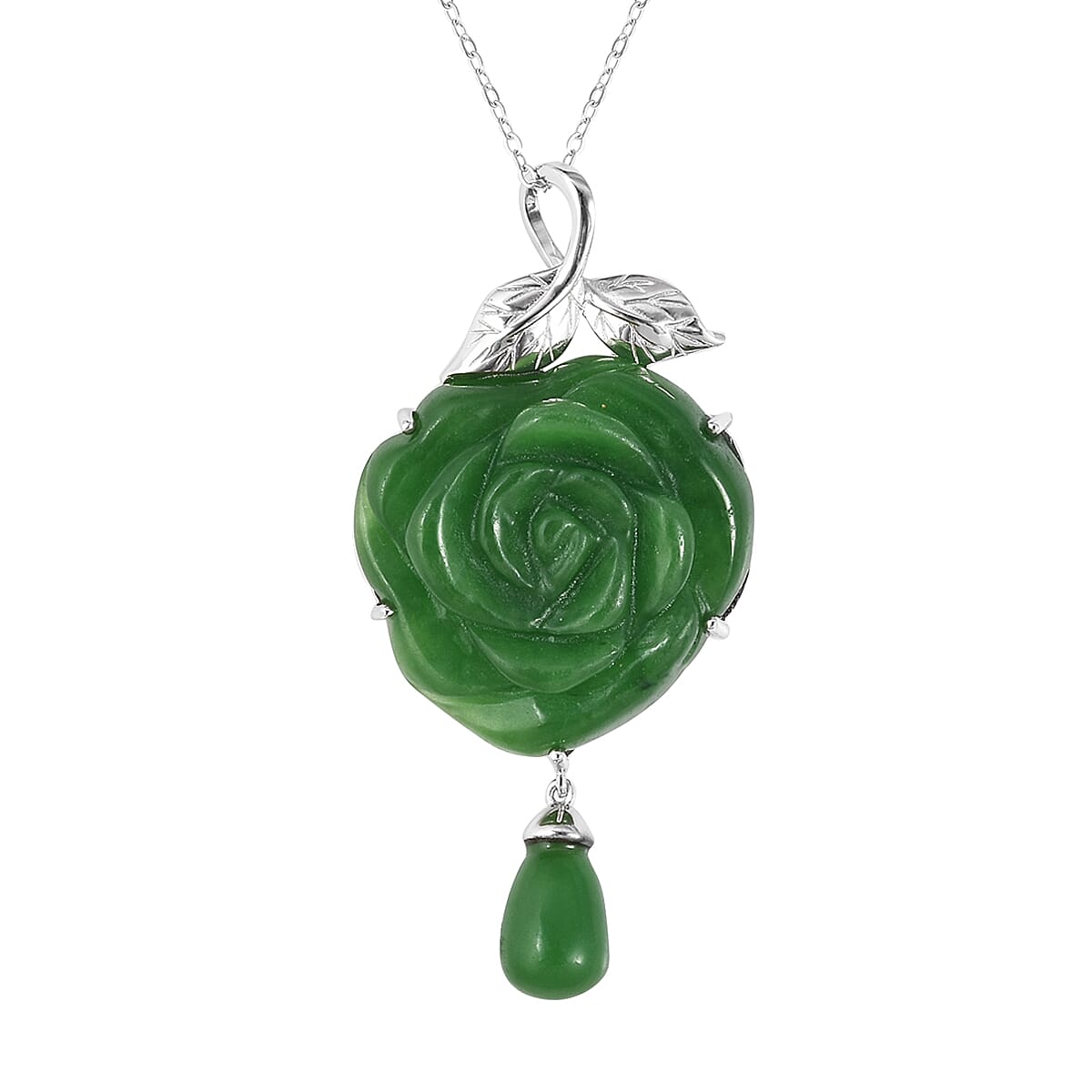 39.75 Ct Carved Green Jade Rose Floral Pendant With Chain in Rhodium Plated Silver 18 Inch 3399736 TJC