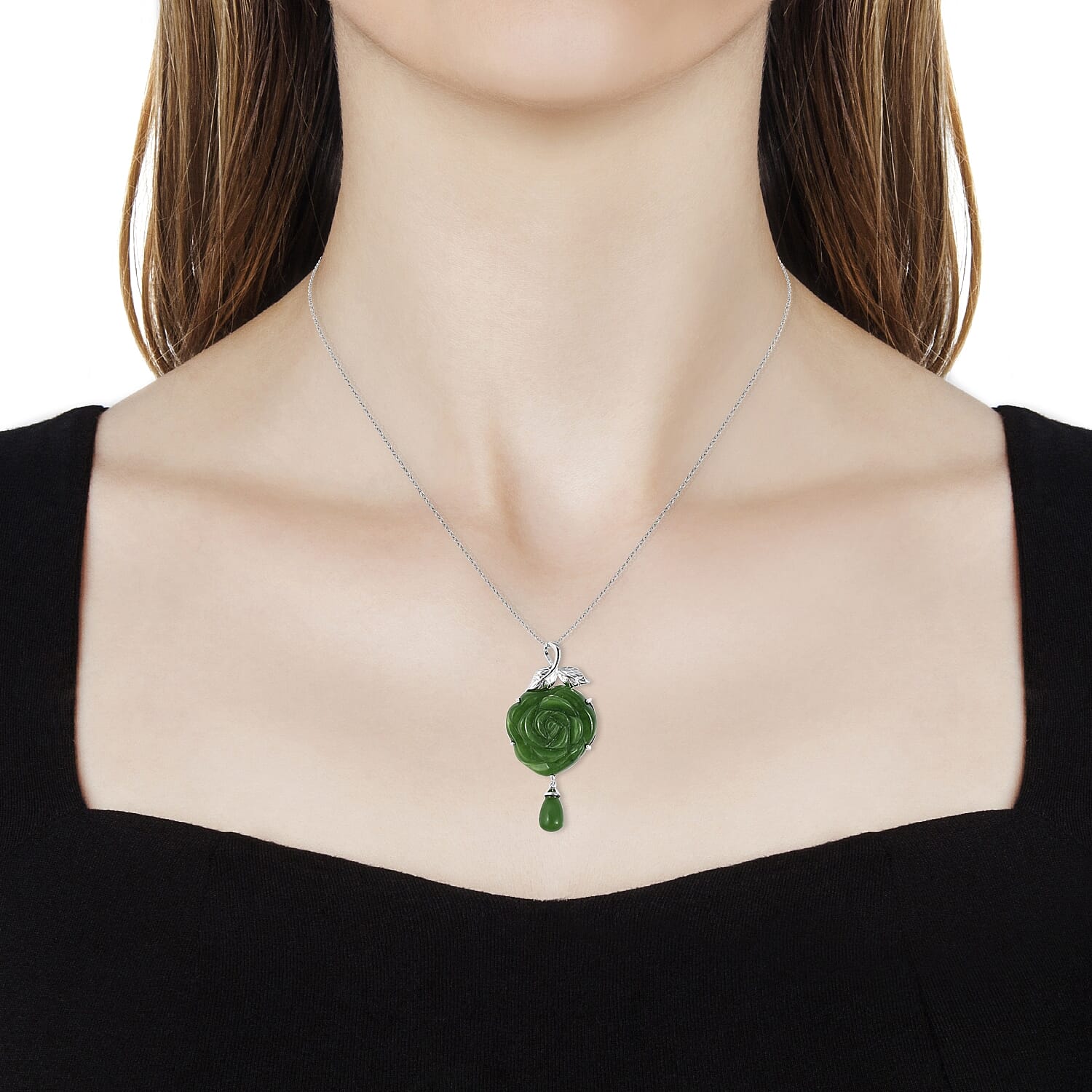 Carved Green Jade Rose Pendant With Chain (Size 18) in Rhodium Overlay Sterling Silver 39.75 Ct.
