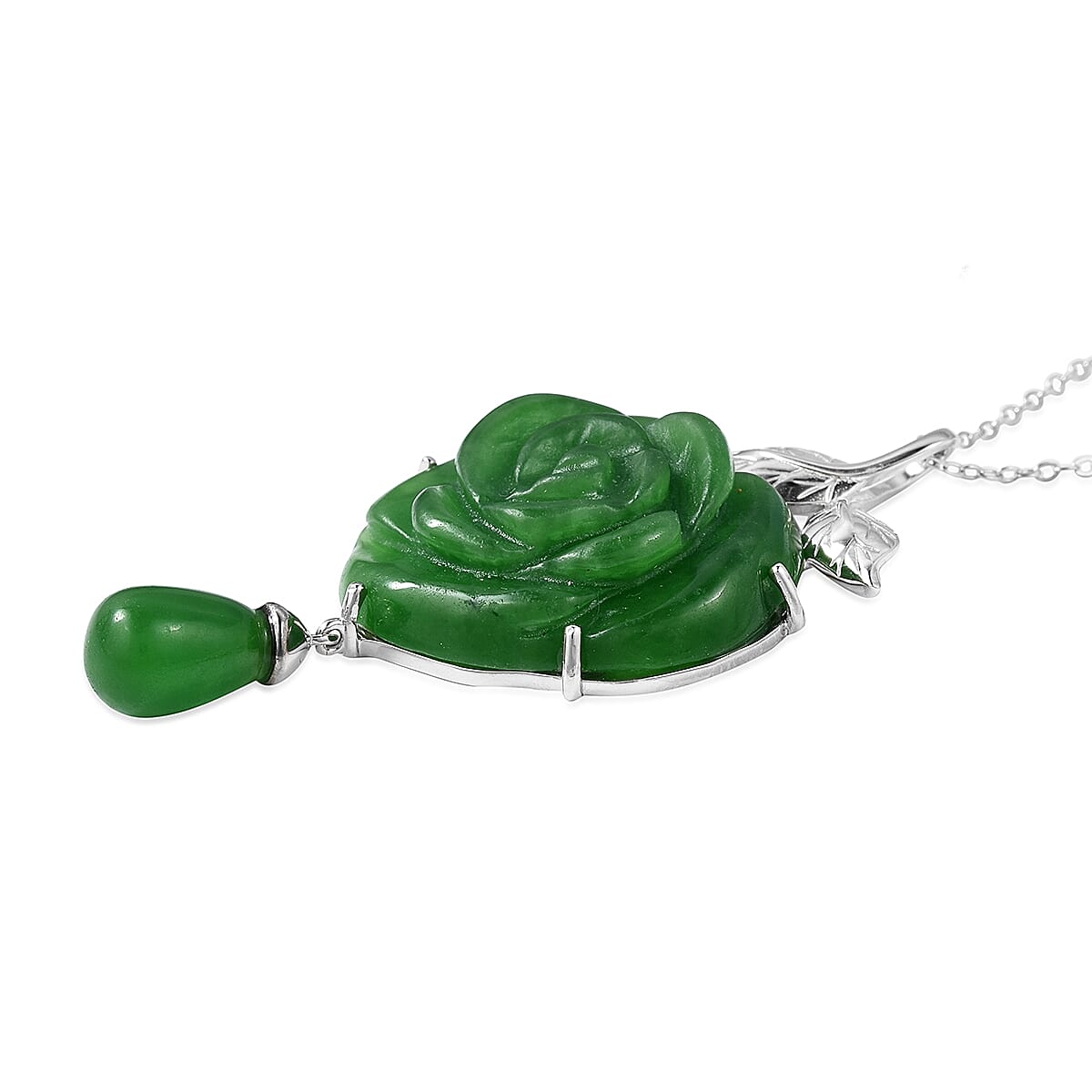 Carved Green Jade Rose Pendant With Chain (Size 18) in Rhodium Overlay Sterling Silver 39.75 Ct.