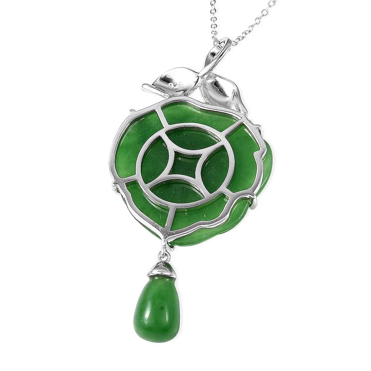 Carved Green Jade Rose Pendant With Chain (Size 18) in Rhodium Overlay Sterling Silver 39.75 Ct.