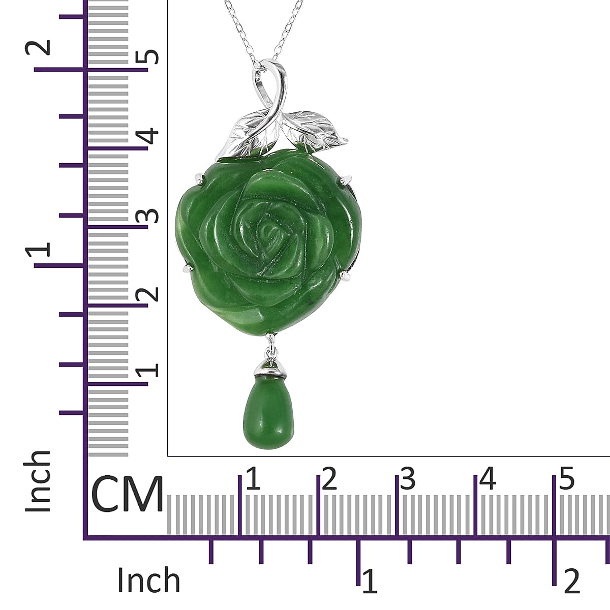 Carved Green Jade Rose Pendant With Chain (Size 18) in Rhodium Overlay Sterling Silver 39.75 Ct.