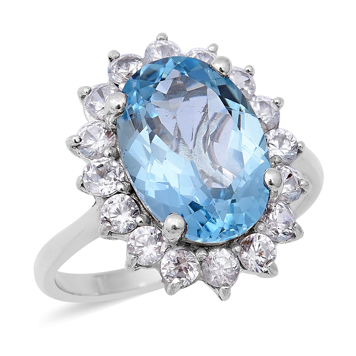 Hong Kong Close Out Deal - AAA Sky Blue Topaz (Ovl 14x10 mm), Natural Zircon Ring in Rhodium Overlay Sterling Silver 8.93 Ct.
