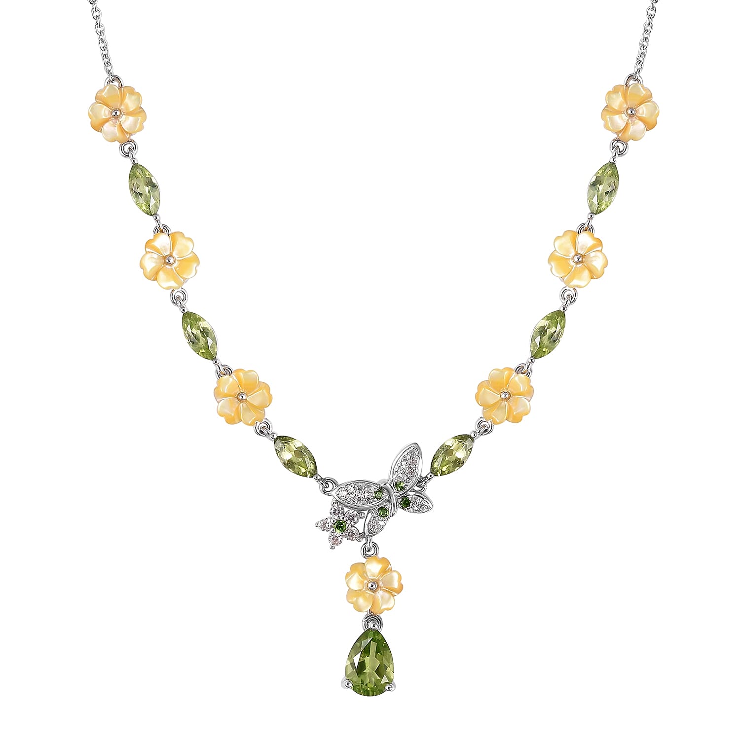 Jardin Collection - Yellow Mother of Pearl, Hebei Peridot, Chrome Diopside and Natural Zircon Necklace (Size 18) in Rhodium Overlay Sterling Silver, Silver Wt 7.80 Gms.