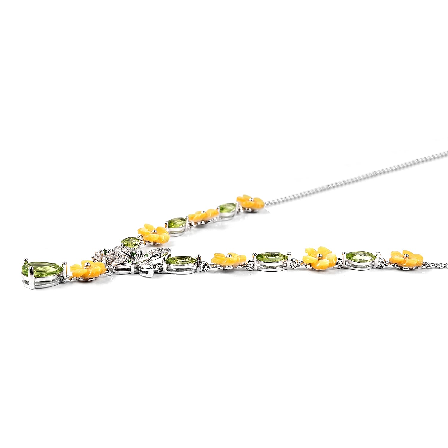 Jardin Collection - Yellow Mother of Pearl, Hebei Peridot, Chrome Diopside and Natural Zircon Necklace (Size 18) in Rhodium Overlay Sterling Silver, Silver Wt 7.80 Gms.