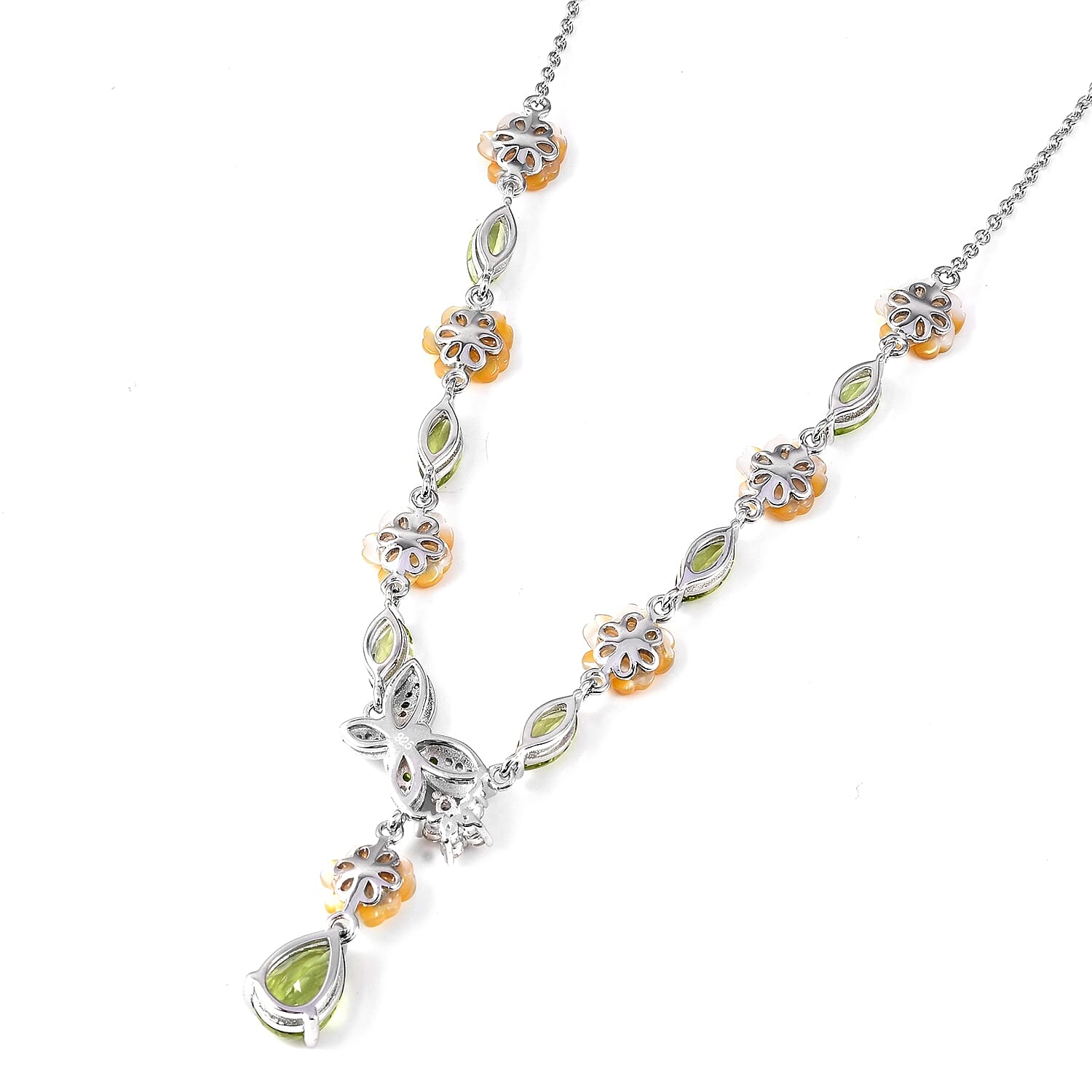 Jardin Collection - Yellow Mother of Pearl, Hebei Peridot, Chrome Diopside and Natural Zircon Necklace (Size 18) in Rhodium Overlay Sterling Silver, Silver Wt 7.80 Gms.