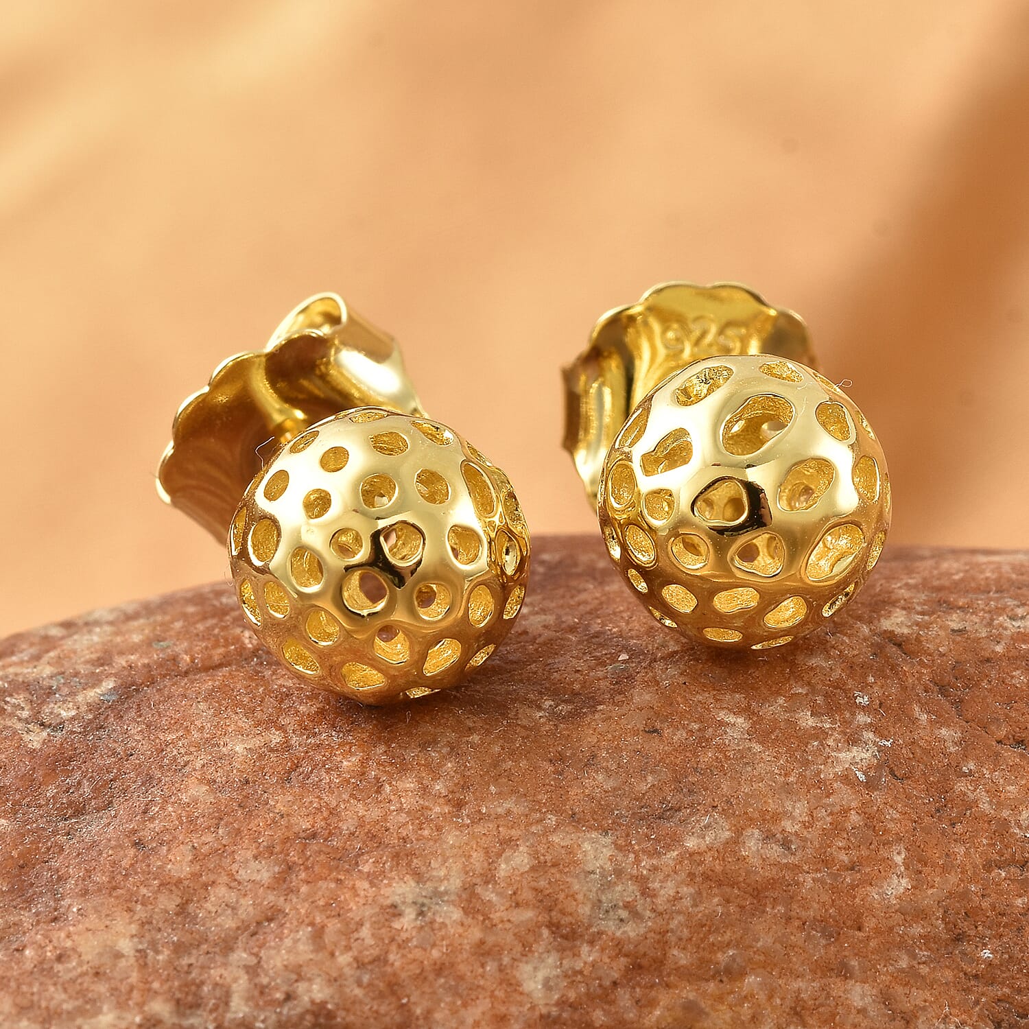 RACHEL GALLEY Yellow Gold Overlay Sterling Silver Globe Stud Earrings (with Fancy Ball Push Back)