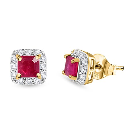 African Ruby & Natural Zircon Halo Earrings with Push Back in 18K Vermeil Yellow Gold Plated Sterling Silver 2.51 Ct.