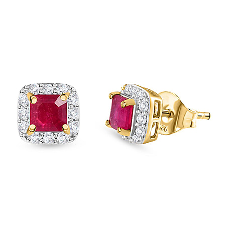 2.50 Ct Niassa Ruby and Zircon Halo Stud Earrings in Sterling Silver with 18K Vermeil Yellow Gold