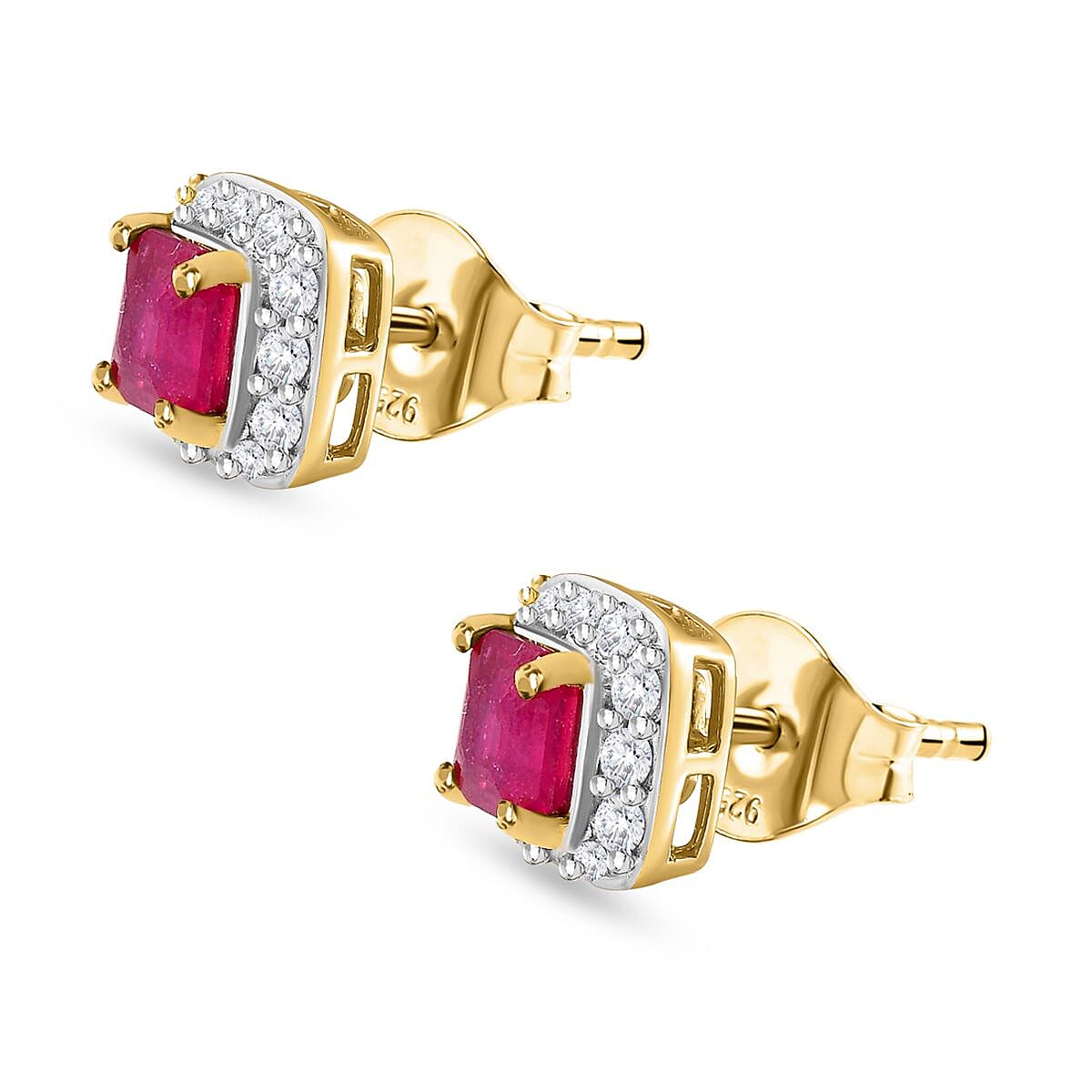 D'Joy African Ruby & Natural Zircon Halo Earrings with Push Back in 18K Vermeil Yellow Gold Plated Sterling Silver 2.29 Ct.