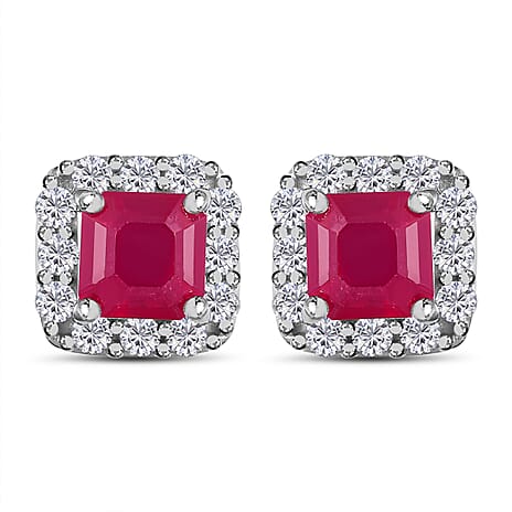 African Ruby (Oct) & Natural Zircon Stud Earrings with Push Back in Platinum Overlay Sterling Silver 2.50 Ct.