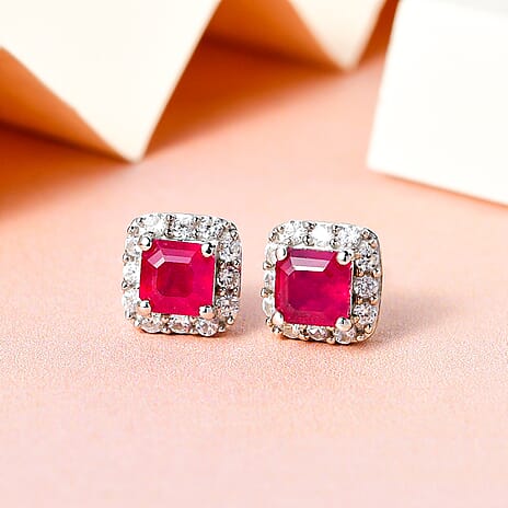 African Ruby (Oct) & Natural Zircon Stud Earrings with Push Back in Platinum Overlay Sterling Silver 2.50 Ct.