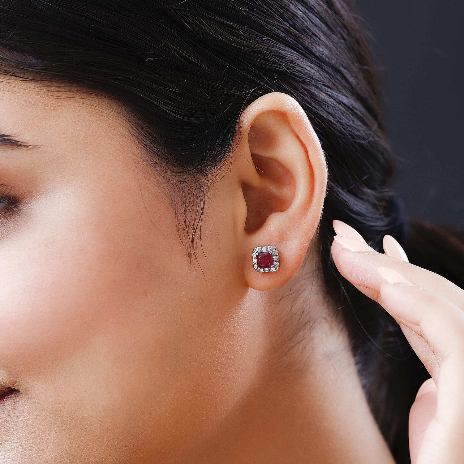 D'Joy African Ruby (Oct) & Natural Zircon Stud Earrings with Push Back in Platinum Overlay Sterling Silver 2.29 Ct.