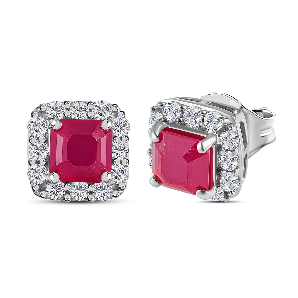 D'Joy African Ruby (Oct) & Natural Zircon Stud Earrings with Push Back in Platinum Overlay Sterling Silver 2.29 Ct.