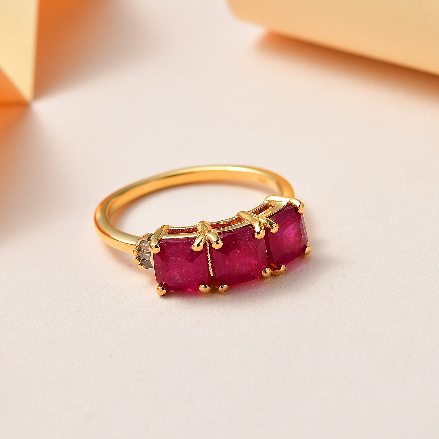 D'Joy - African Ruby Asscher Cut & Natural White Diamond Trilogy Ring in 18K Vermeil Yellow Gold Plated Sterling Silver 2.50 Ct.