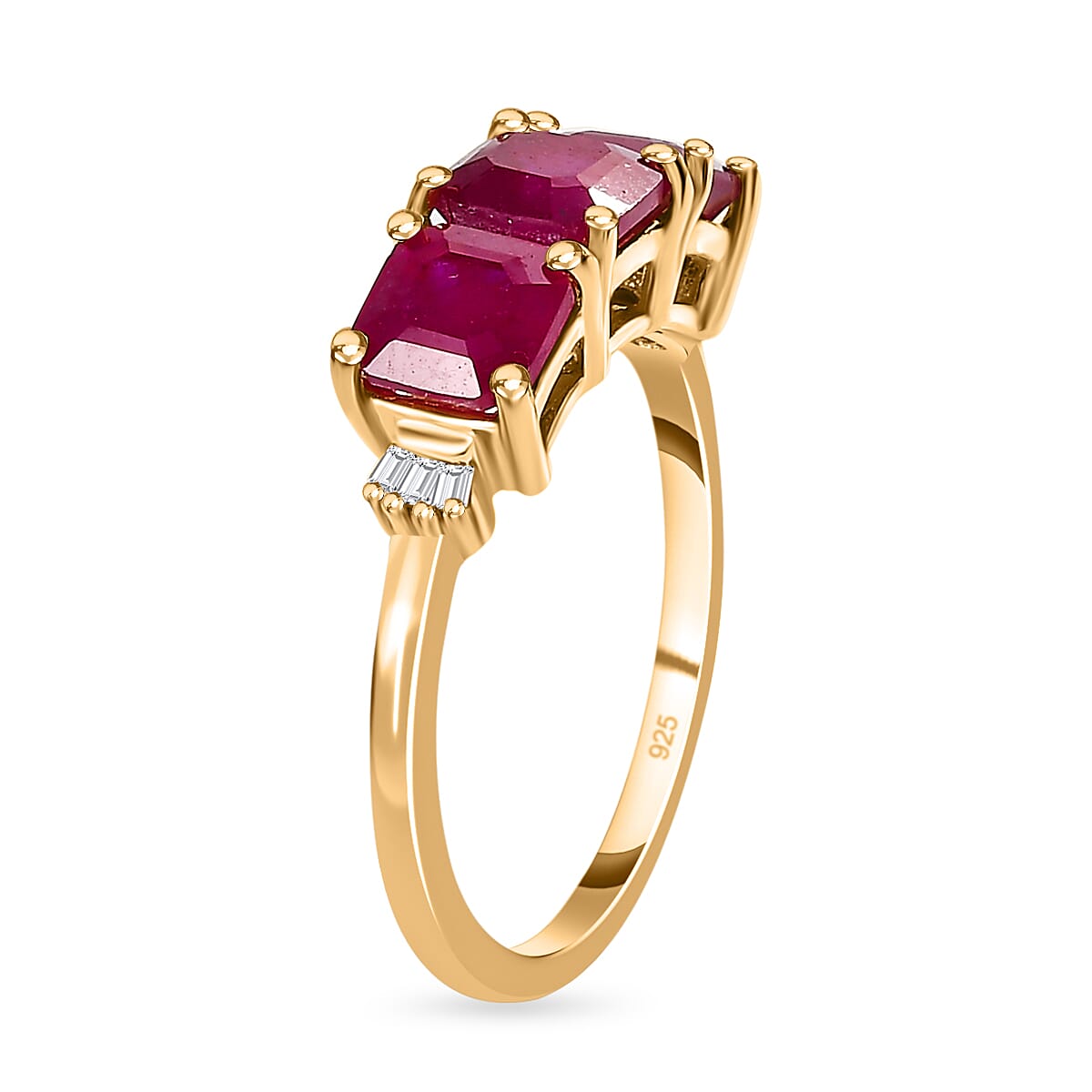 D'Joy - African Ruby Asscher Cut & Natural White Diamond Trilogy Ring in 18K Vermeil Yellow Gold Plated Sterling Silver 2.50 Ct.