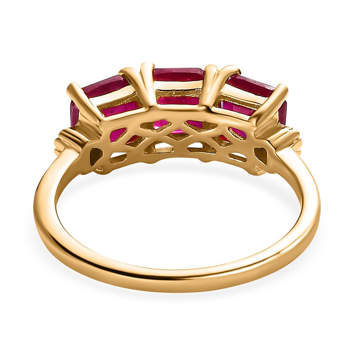 D'Joy - African Ruby Asscher Cut & Natural White Diamond Trilogy Ring in 18K Vermeil Yellow Gold Plated Sterling Silver 2.50 Ct.