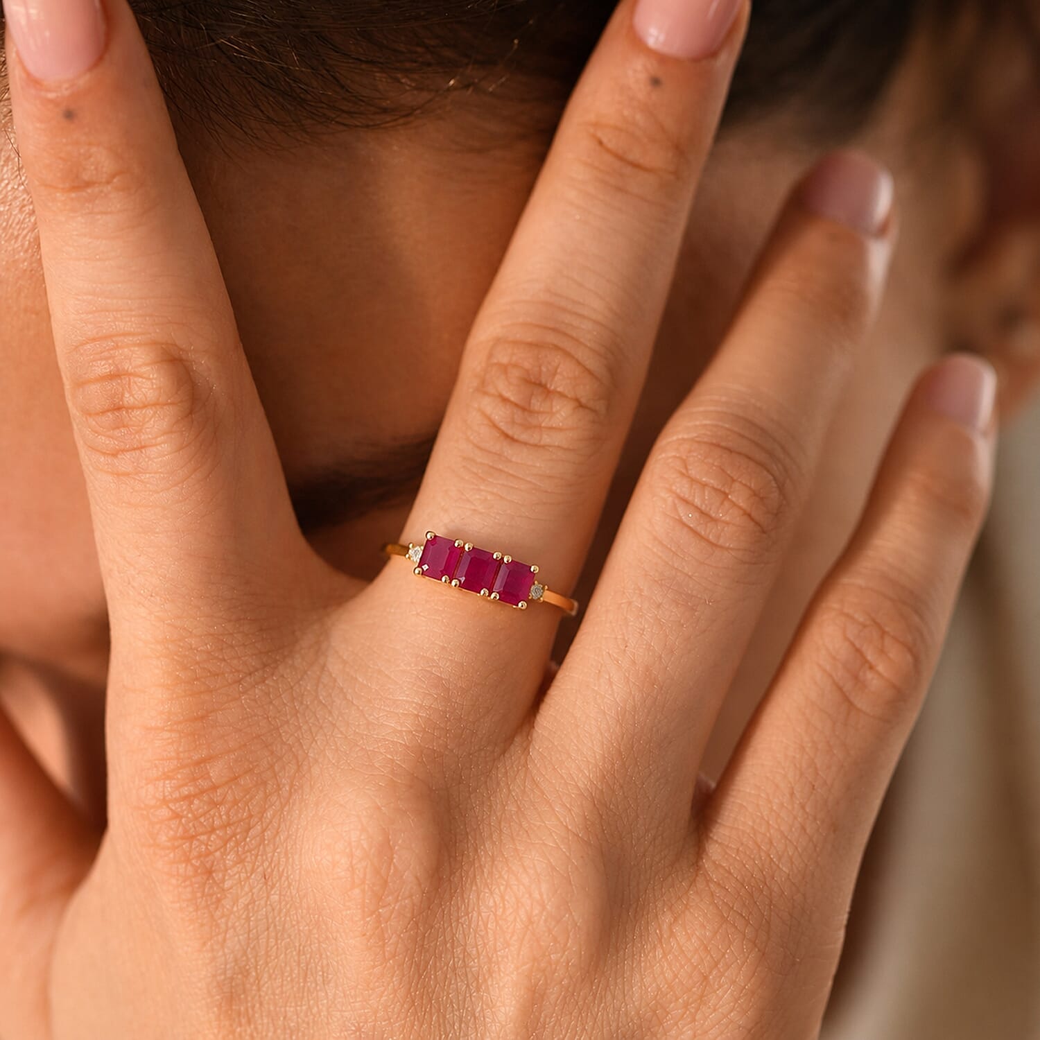 D'Joy - African Ruby Asscher Cut & Natural White Diamond Trilogy Ring in 18K Vermeil Yellow Gold Plated Sterling Silver 2.50 Ct.
