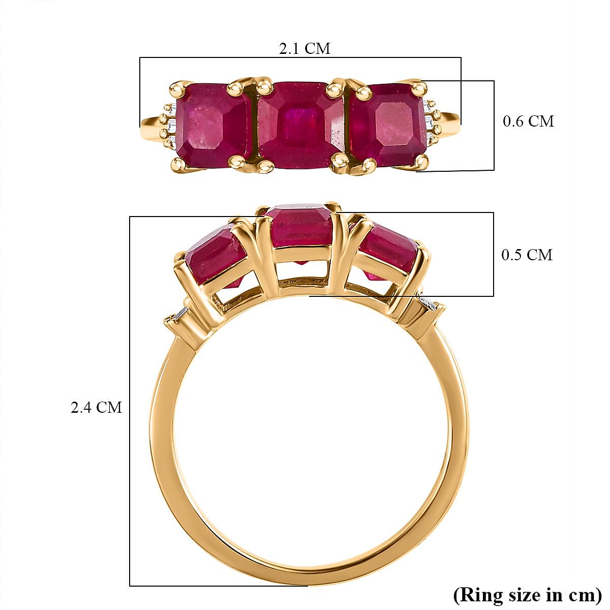 D'Joy - African Ruby Asscher Cut & Natural White Diamond Trilogy Ring in 18K Vermeil Yellow Gold Plated Sterling Silver 2.50 Ct.