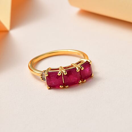 African Ruby Asscher Cut and Diamond Ring in 18K Vermeil Yellow Gold Plated Sterling Silver 2.50 Ct.
