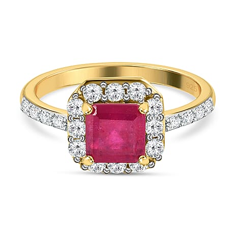 African Ruby Asscher Cut (Oct 6x6mm) and Natural Zircon Ring in 18K Yellow Gold Vermeil Plated Sterling Silver 2.0 Ct.