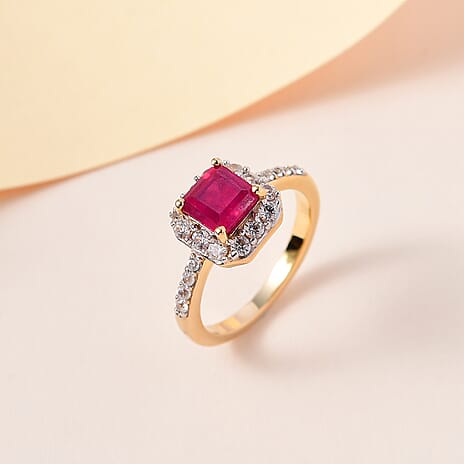 African Ruby Asscher Cut (Oct 6x6mm) and Natural Zircon Ring in 18K Yellow Gold Vermeil Plated Sterling Silver 2.0 Ct.