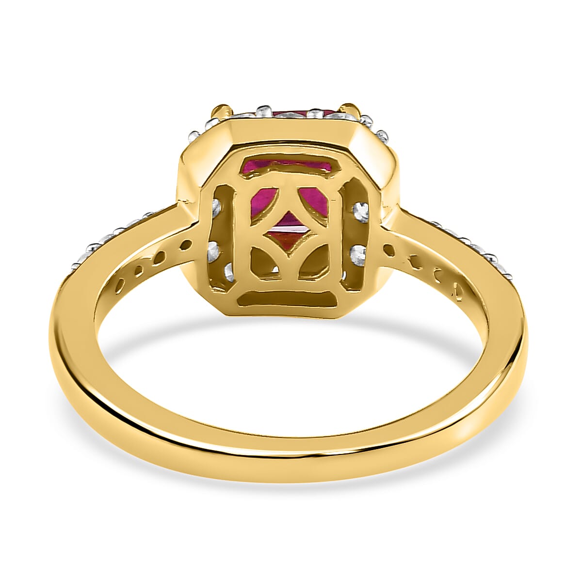 Asscher Cut African Ruby (Oct 6x6mm) & Natural Zircon Ring in 18K Vermeil Yellow Gold Plated Sterling Silver 2.54 Ct. Asscher Cut African Ruby (Oct 6x6mm) & Natural Zircon Ring in 18K Vermeil Yellow Gold Plated Sterling Silver 2.54 Ct.