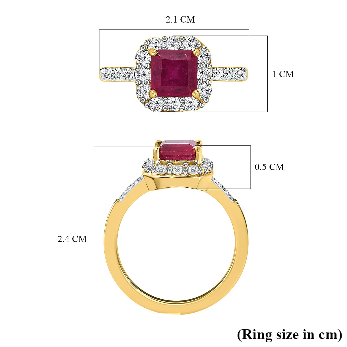 Asscher Cut African Ruby (Oct 6x6mm) & Natural Zircon Ring in 18K Vermeil Yellow Gold Plated Sterling Silver 2.54 Ct. Asscher Cut African Ruby (Oct 6x6mm) & Natural Zircon Ring in 18K Vermeil Yellow Gold Plated Sterling Silver 2.54 Ct.
