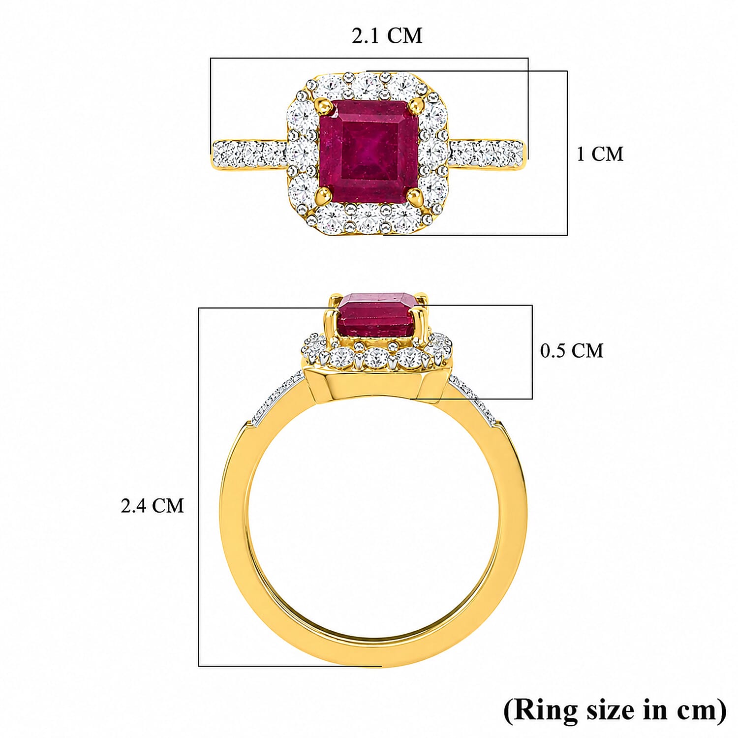 Royal Bali Collection - D'Joy Asscher Cut African Ruby (Oct 6x6mm) & Natural Zircon Halo Ring in 18K Vermeil Yellow Gold Plated Sterling Silver 2.40 Ct.