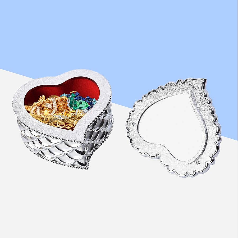 Heart Shape Rosette Texture Jewellery Storage Box with Velvet Scratch Protection and Top Lid Mirror (Size 13x13x10.5 Cm)