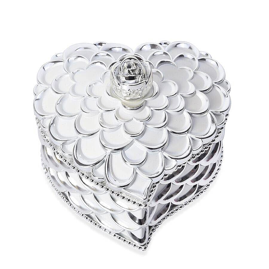 Heart Shape Rosette Texture Jewellery Storage Box with Velvet Scratch Protection and Top Lid Mirror (Size 13x13x10.5 Cm)
