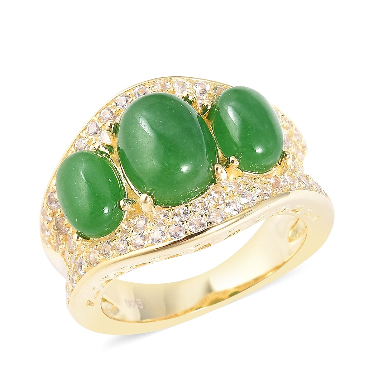 Chinese Green Jade (4.50 Ct),White Zircon Sterling Silver Ring  5.620  Ct.