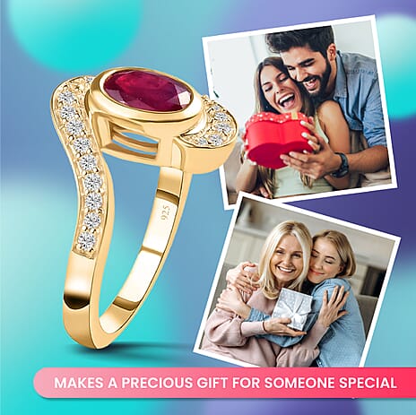 African Ruby (FF) and Natural Cambodian Zircon Bypass Ring in 18K Vermeil Yellow Gold Plated Sterling Silver 1.33 Ct.