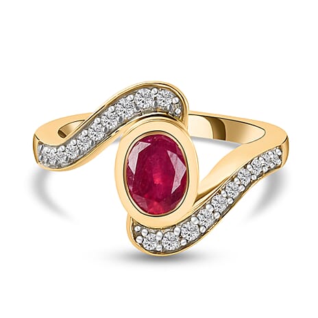 African Ruby (FF) and Natural Cambodian Zircon Bypass Ring in 18K Vermeil Yellow Gold Plated Sterling Silver 1.33 Ct.