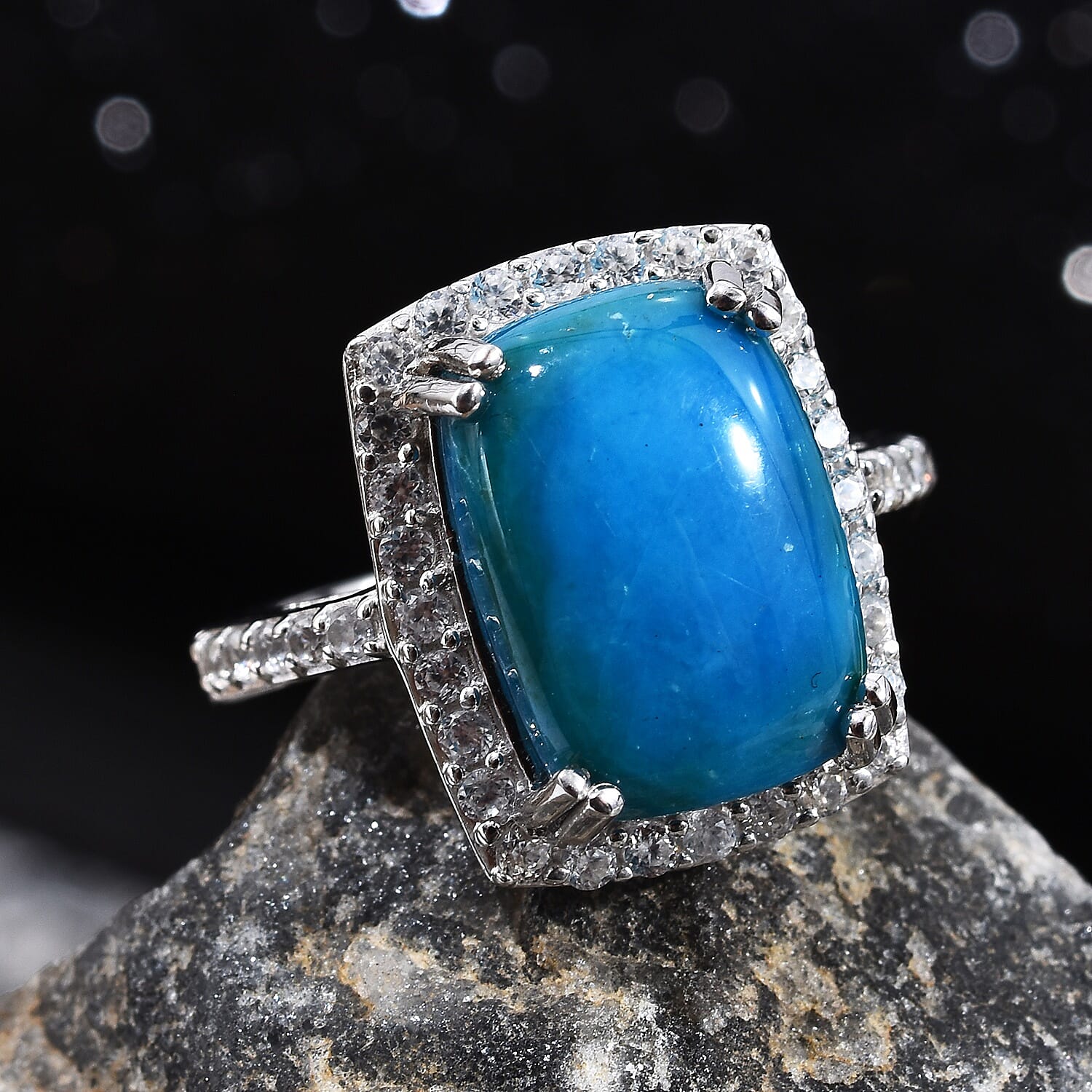 Natural Peruvian Peacock Opalina (Cush 14x10 mm), Natural Cambodian Zircon Ring in Platinum Overlay Sterling Silver 6.00 Ct.