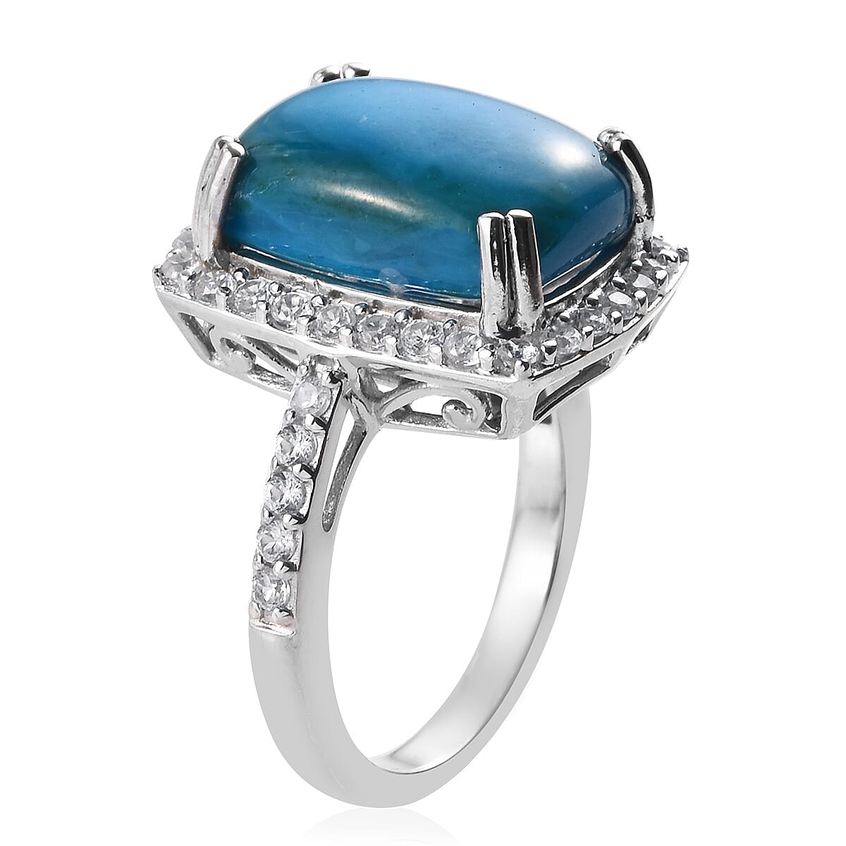 Natural Peruvian Peacock Opalina (Cush 14x10 mm), Natural Cambodian Zircon Ring in Platinum Overlay Sterling Silver 6.00 Ct.